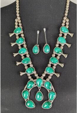 Kathleen Chavez Navajo Sterling Silver Malachite Squash Blossom Necklace + EUC